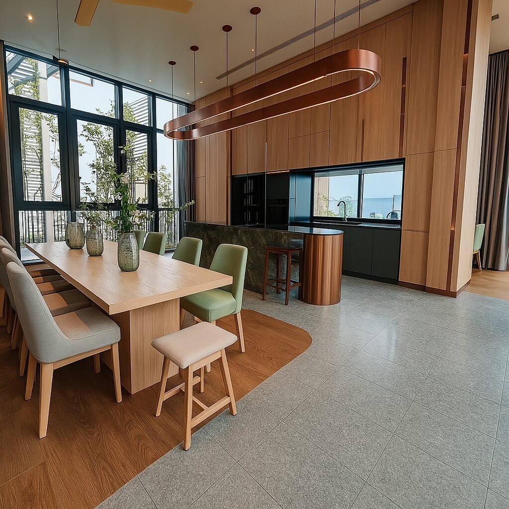 Modern co-kitchen and dining area at XT Phayathai Bangkok featuring natural wood finishes, large windows, and stylish seating in a high-rise condominium