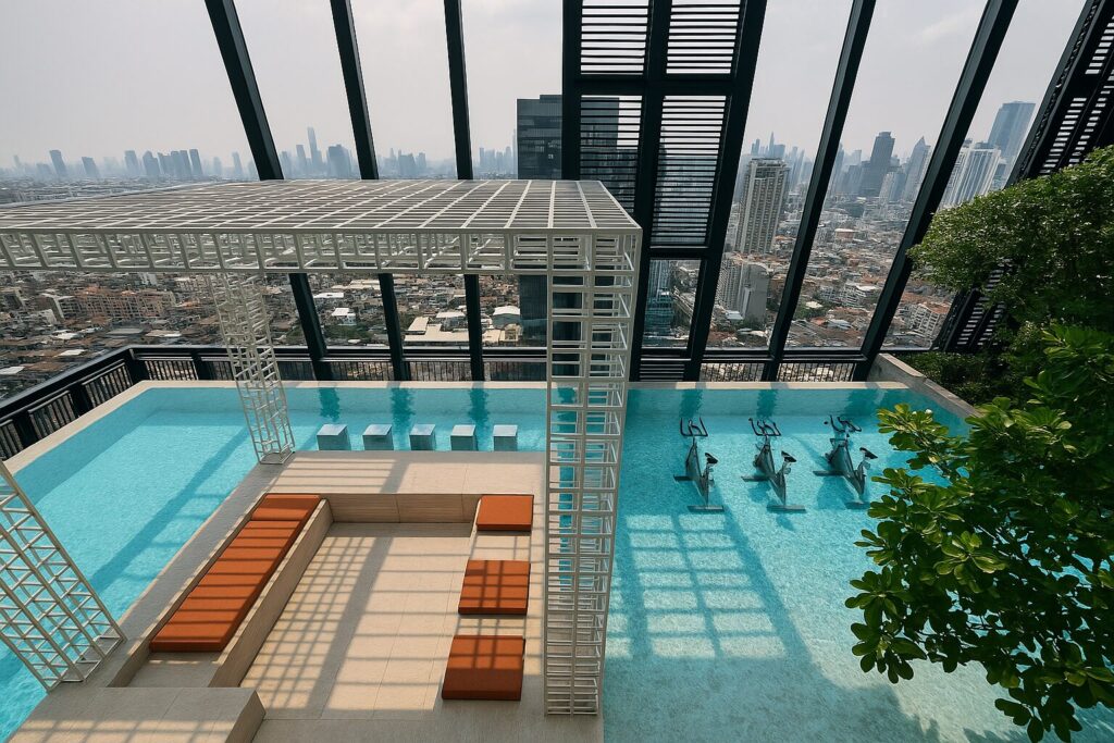 Rooftop swimming pool with hydro exercise bikes at XT Phayathai condominium in Bangkok, offering panoramic city views