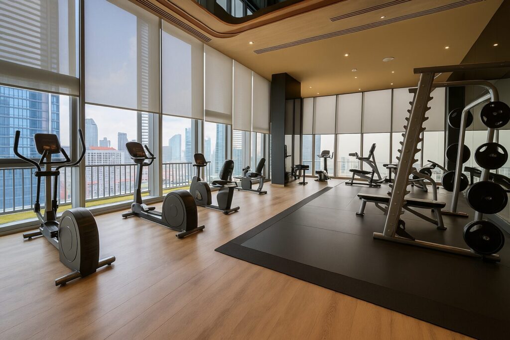 Modern high-rise fitness center at XT Phayathai Bangkok with cardio machines, weight training area, and panoramic city skyline views
