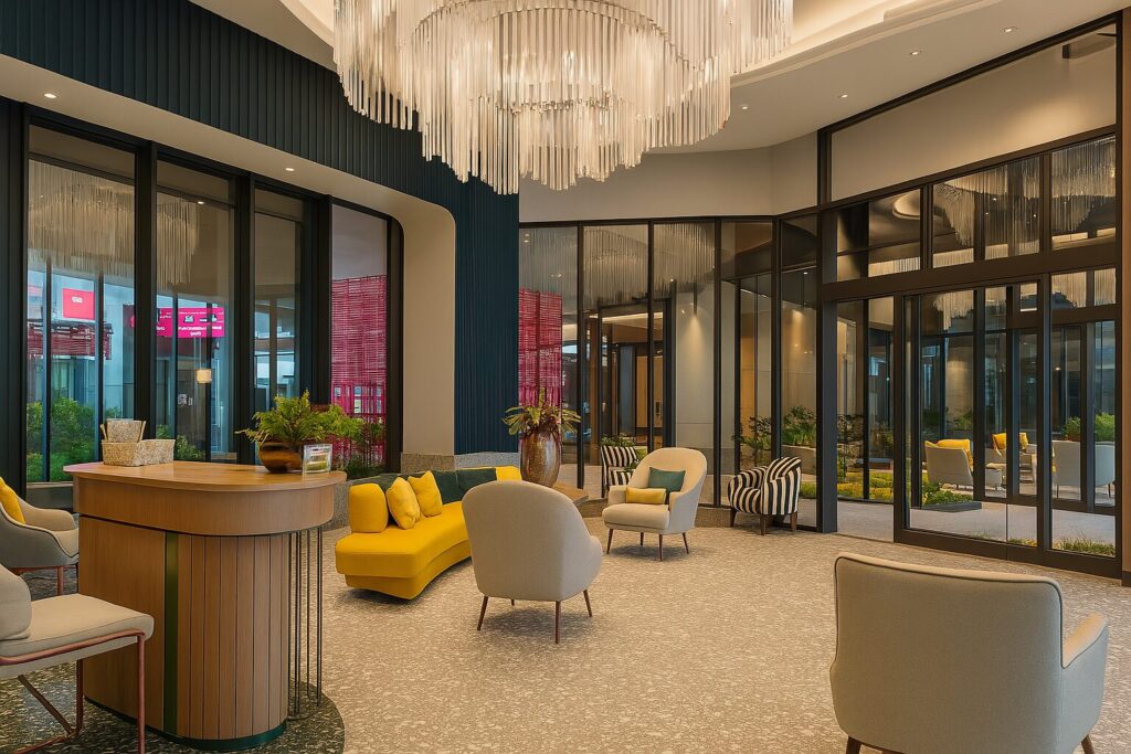 Modern luxury lobby at XT Phayathai Bangkok with curved yellow sofa, floor-to-ceiling glass walls, and contemporary decor