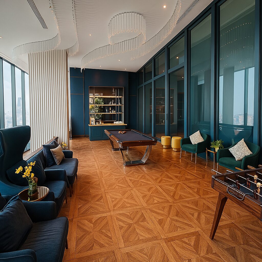 Elegant sky lounge at XT Phayathai Bangkok featuring panoramic city views, designer velvet seating, pool table, foosball, and luxury bar area