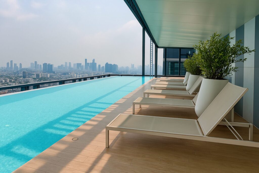 Rooftop infinity pool at XT Phayathai condominium in Bangkok with skyline view, sun loungers, and modern architecture