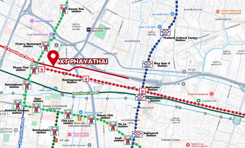 Location map of XT Phayathai condominium in Bangkok showing proximity to BTS Light Green Line, Airport Rail Link, and MRT Orange Line with nearby transit stations including Siam, Phaya Thai, and Ratchaprarop