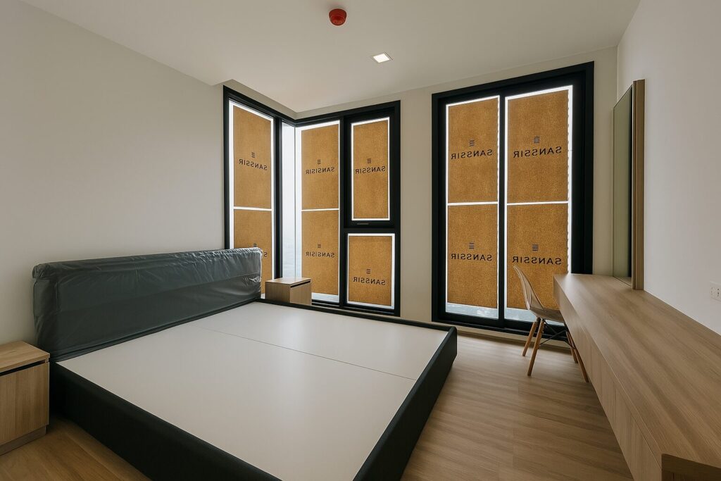 Modern minimalist bedroom at XT Phayathai condominium featuring floor-to-ceiling corner windows, built-in wooden desk, and natural light ambiance – ideal Bangkok condo for urban living.