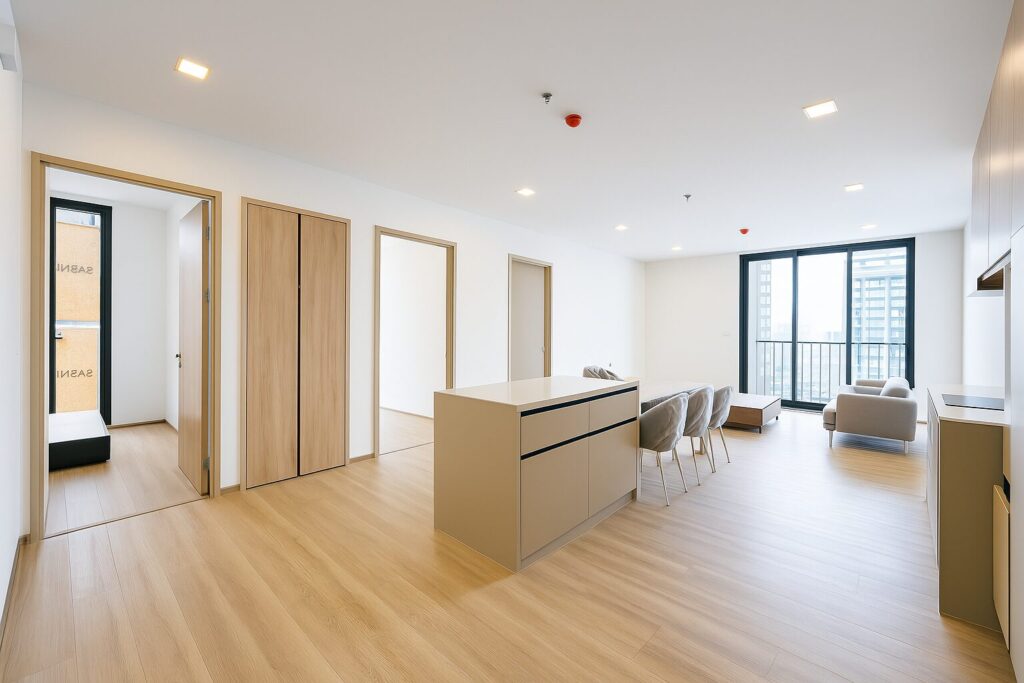 Spacious modern condominium unit at XT Phayathai featuring open-plan living and dining area with wood flooring, built-in kitchen, and floor-to-ceiling windows with natural light – ideal for urban lifestyle in central Bangkok